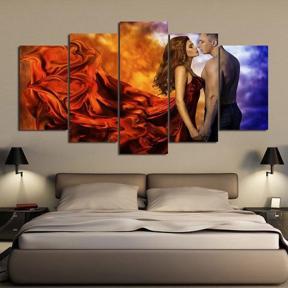 Romantic Couple Sexy Kissing  - Abstract 5 Panel Canvas Art Wall Decor