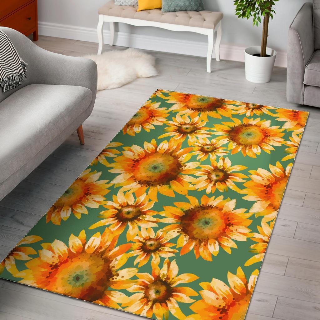 Sage Watercolor Sunflower Pattern Print Area Rug Floor Decor