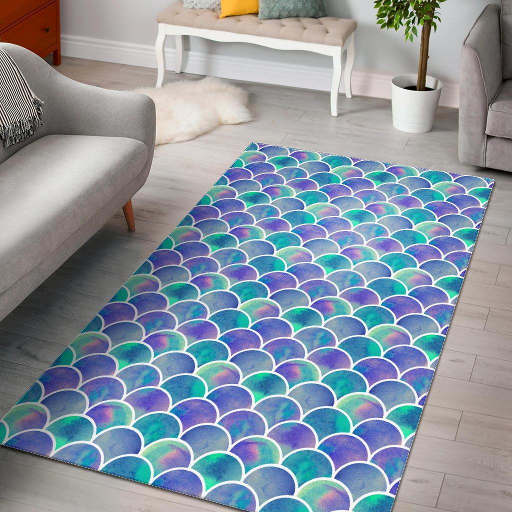 Sea Blue Mermaid Scales Pattern Print Area Rug Floor Decor