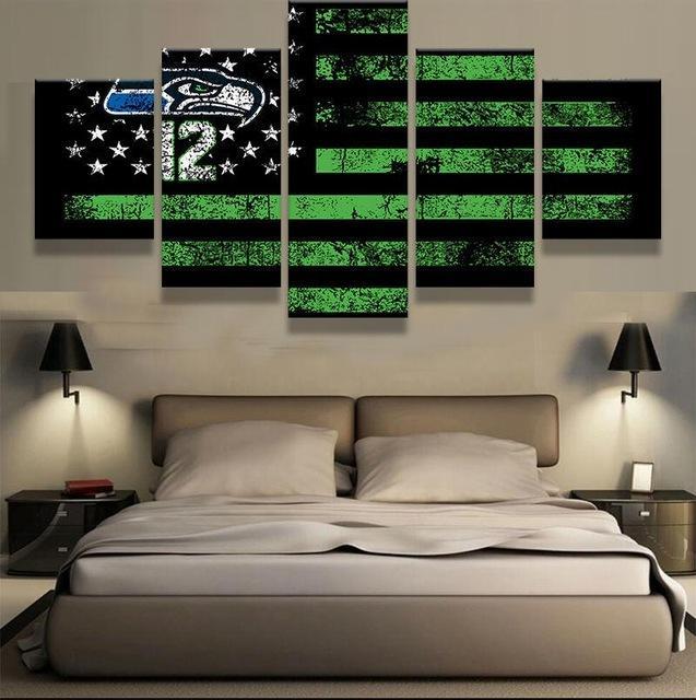 Seattle Seahawks American Flag  - Abstract 5 Panel Canvas Art Wall Decor