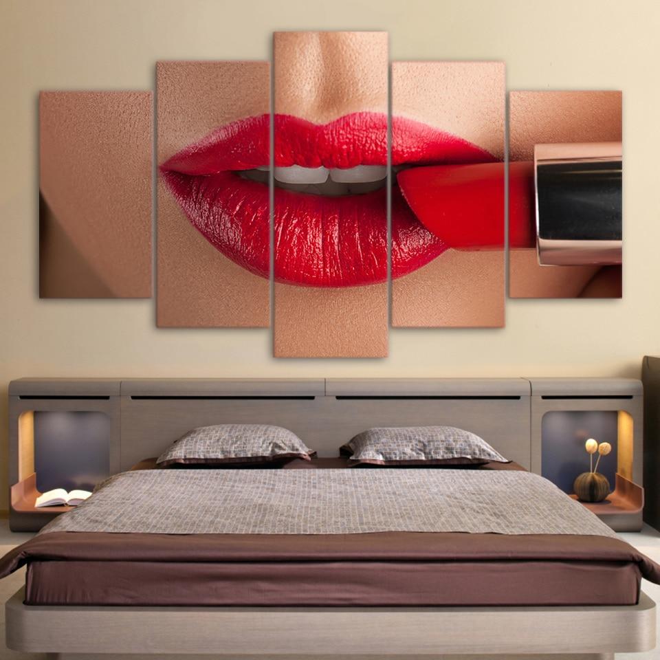 Sexy Lip With Red Lipstick - Abstract 5 Panel Canvas Art Wall Decor