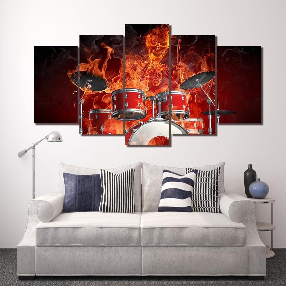 Skeleton Drummer Skull Drums Fire Music Abstract - Music 5 Panel Canvas Art Wall Decor