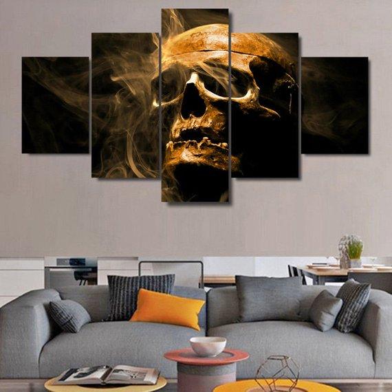 Skull Smoke Gothic Artistic Dark Landscape - Abstract 5 Panel Canvas Art Wall Decor