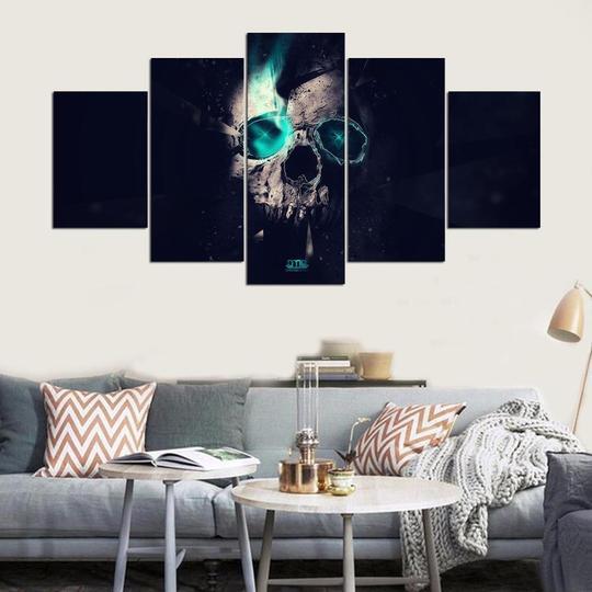 Skull With Green Glow Smoke - Abstract 5 Panel Canvas Art Wall Decor