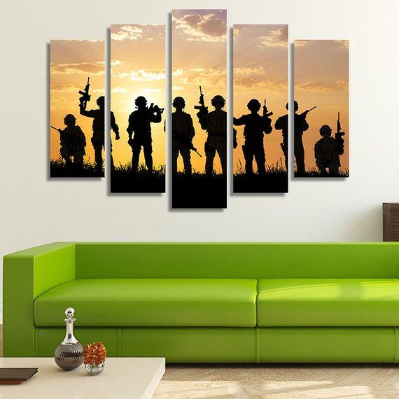 Soldiers Silhouettes - Abstract 5 Panel Canvas Art Wall Decor