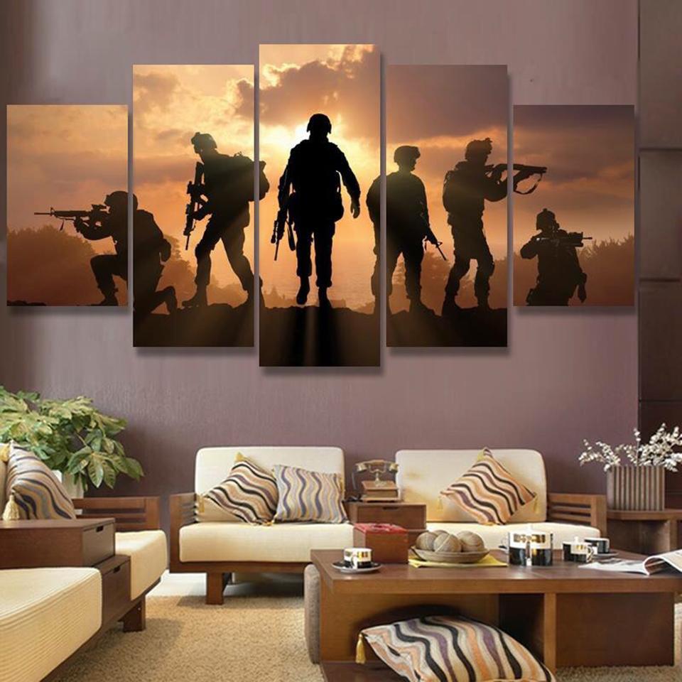 Sun Battlefield Soldiers Figures - Abstract 5 Panel Canvas Art Wall Decor