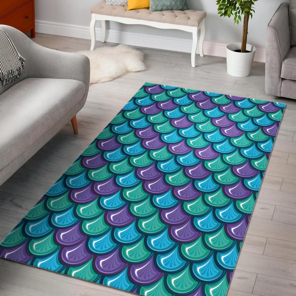 Teal Mermaid Scales Pattern Print Area Rug Floor Decor