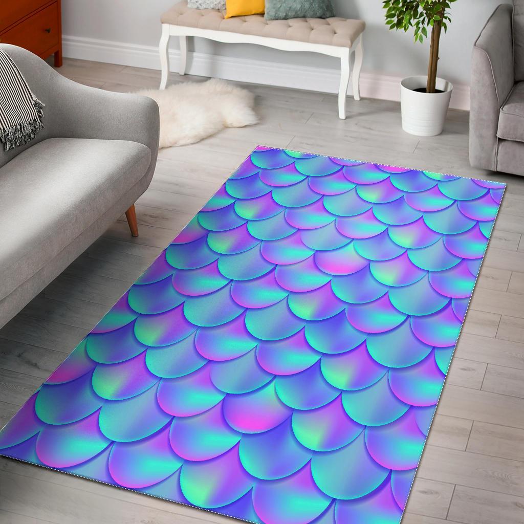 Teal Purple Mermaid Scales Pattern Print Area Rug Floor Decor