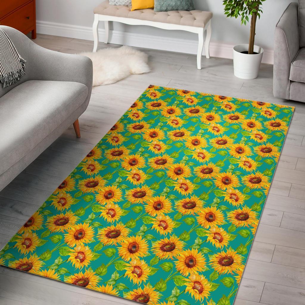 Teal Watercolor Sunflower Pattern Print Area Rug Floor Decor