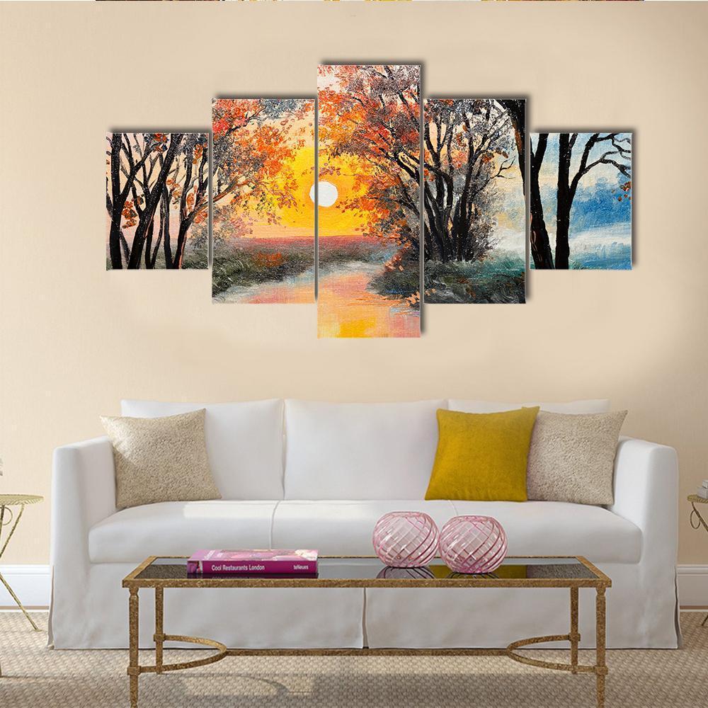 The River With Tree - Abstract Nature 5 Panel Canvas Art Wall Decor