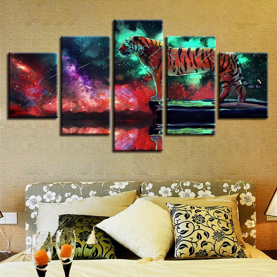 Tiger Abstract Aurora Forest Night View - Abstract 5 Panel Canvas Art Wall Decor