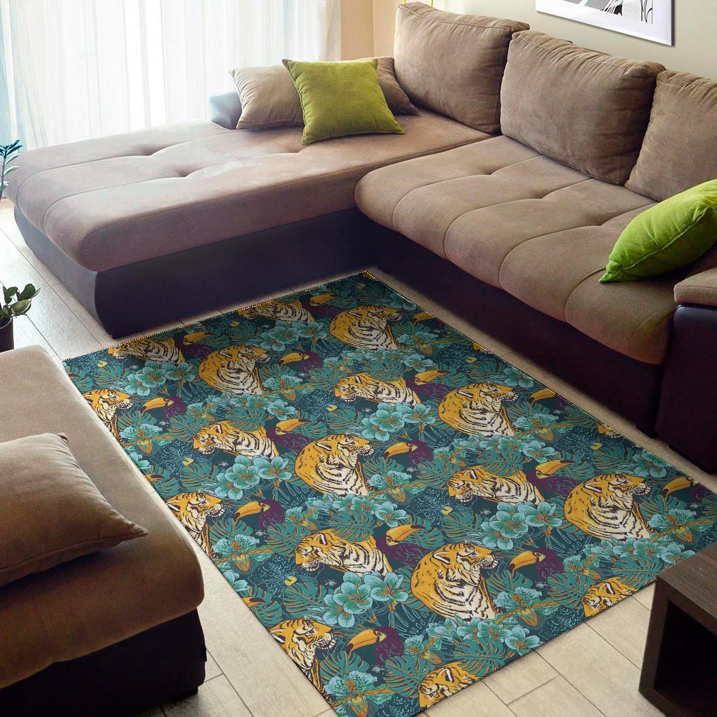 Tiger And Toucan Pattern Print Area Rug Floor Decor