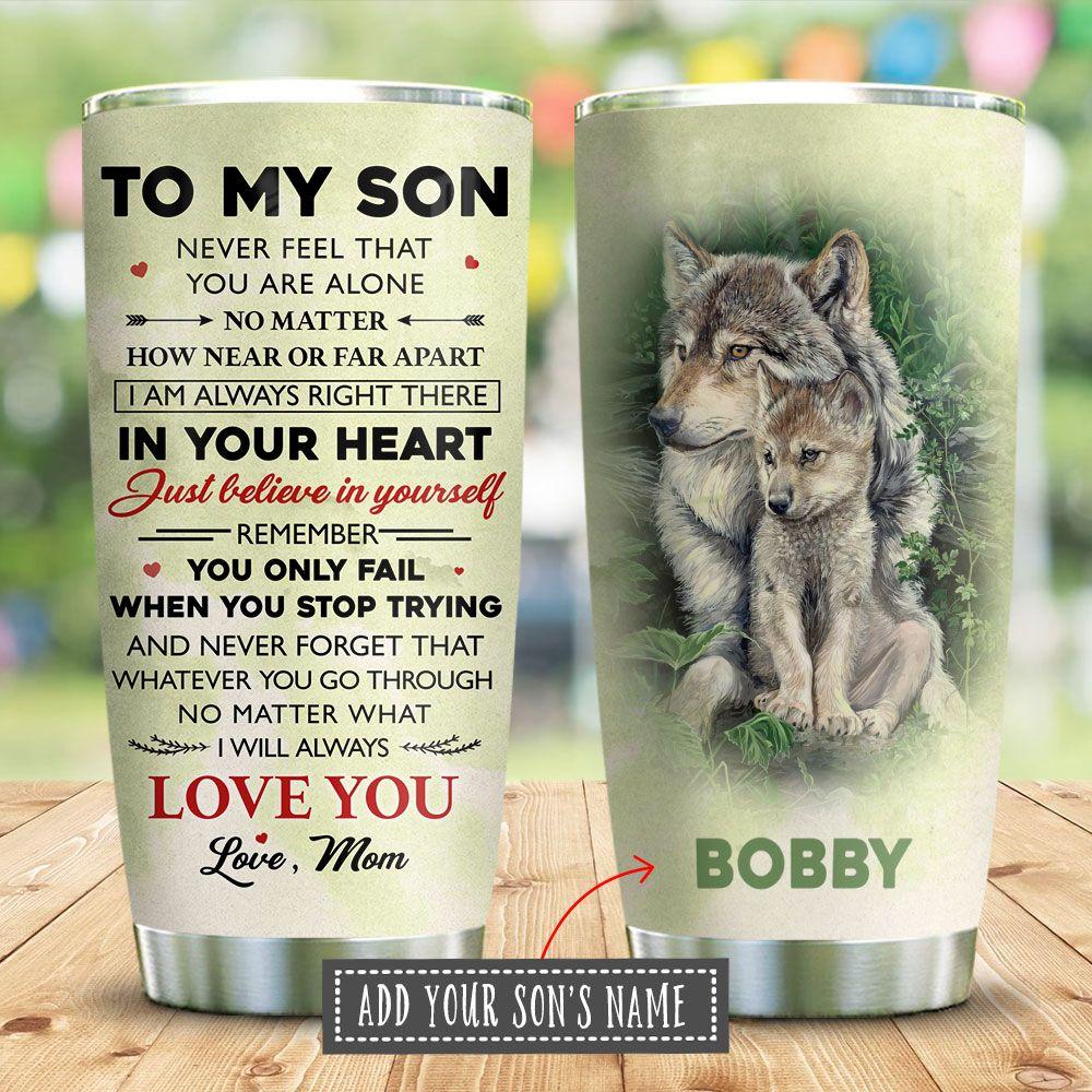 To Son Geometric Wolf Galaxy Personalized Stainless Steel Tumbler