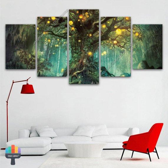 Tree Of Life Lights Canvas Decor, Fantasy Nature - Abstract 5 Panel Canvas Art Wall Decor