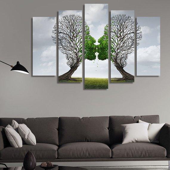Two Trees Kiss Each Other - Abstract 5 Panel Canvas Art Wall Decor