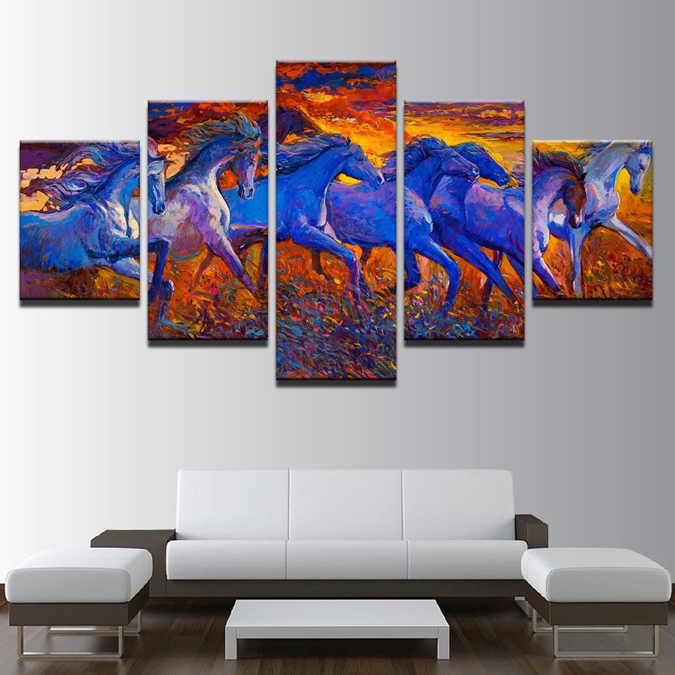 Unset Running Horses - Abstract Animal 5 Panel Canvas Art Wall Decor