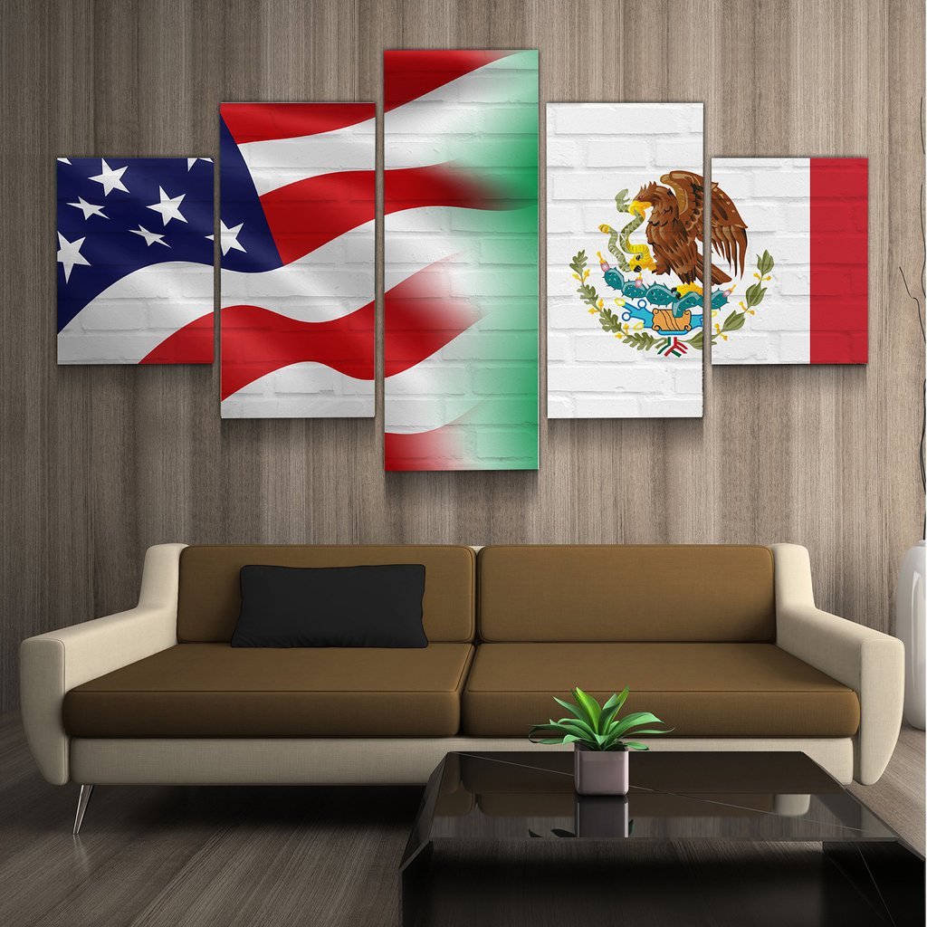 Usa Mexico Flag - Abstract 5 Panel Canvas Art Wall Decor
