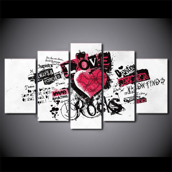 Valentines Day Art Pink Love Heart Rocks - Abstract 5 Panel Canvas Art Wall Decor