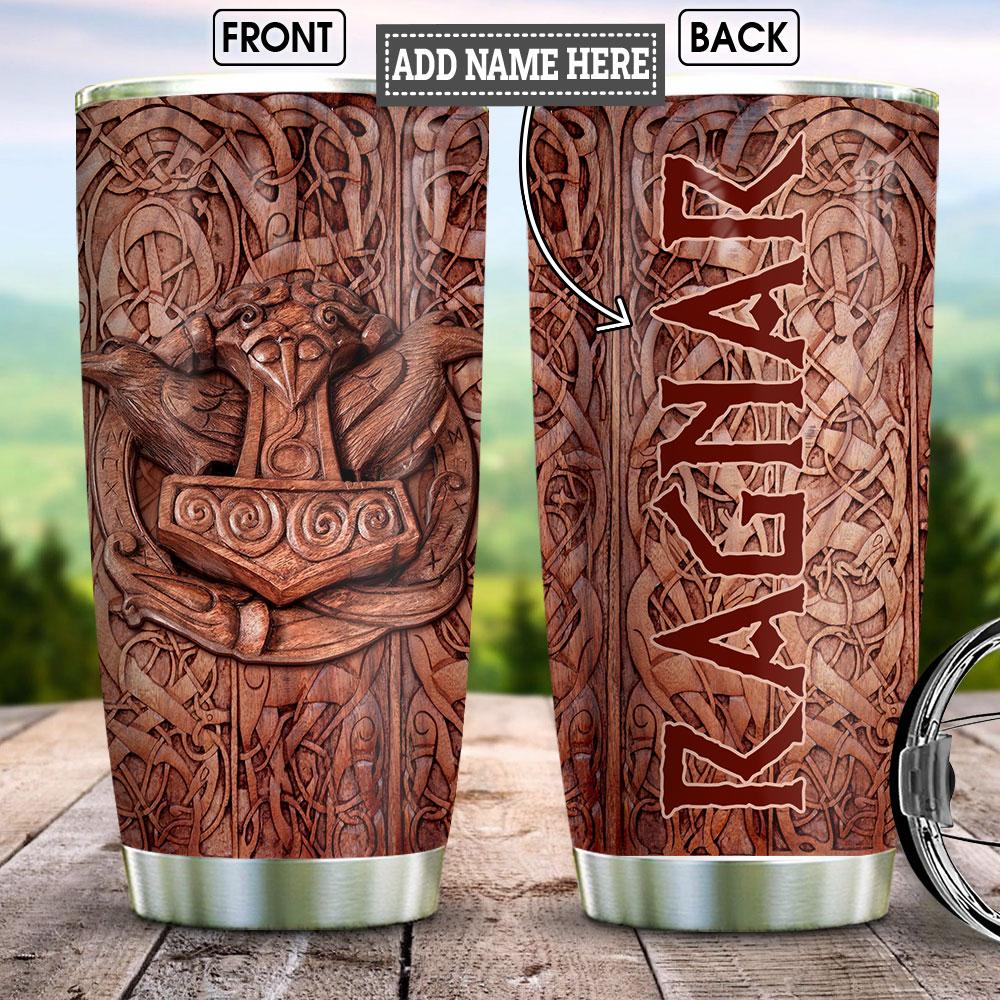 Viking Raven Odin Wood Style Personalized Stainless Steel Tumbler