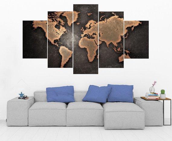 Vintage World Map 4 - Abstract 5 Panel Canvas Art Wall Decor