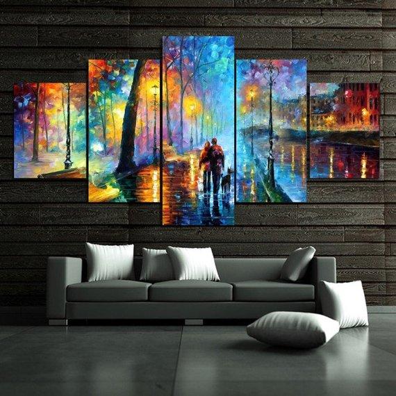 Walking In The Rain Nightscape  - Abstract 5 Panel Canvas Art Wall Decor