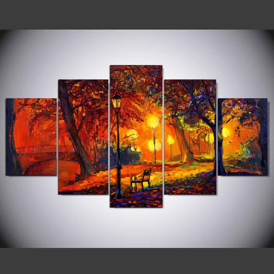 Watercolor Of Autumn Park - Abstract 5 Panel Canvas Art Wall Decor