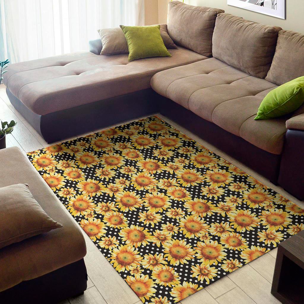 Watercolor Polka Dot Sunflower Print Area Rug Floor Decor