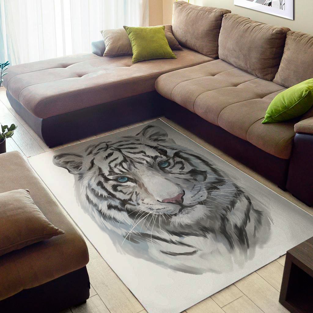 Watercolor White Bengal Tiger Print Area Rug Floor Decor