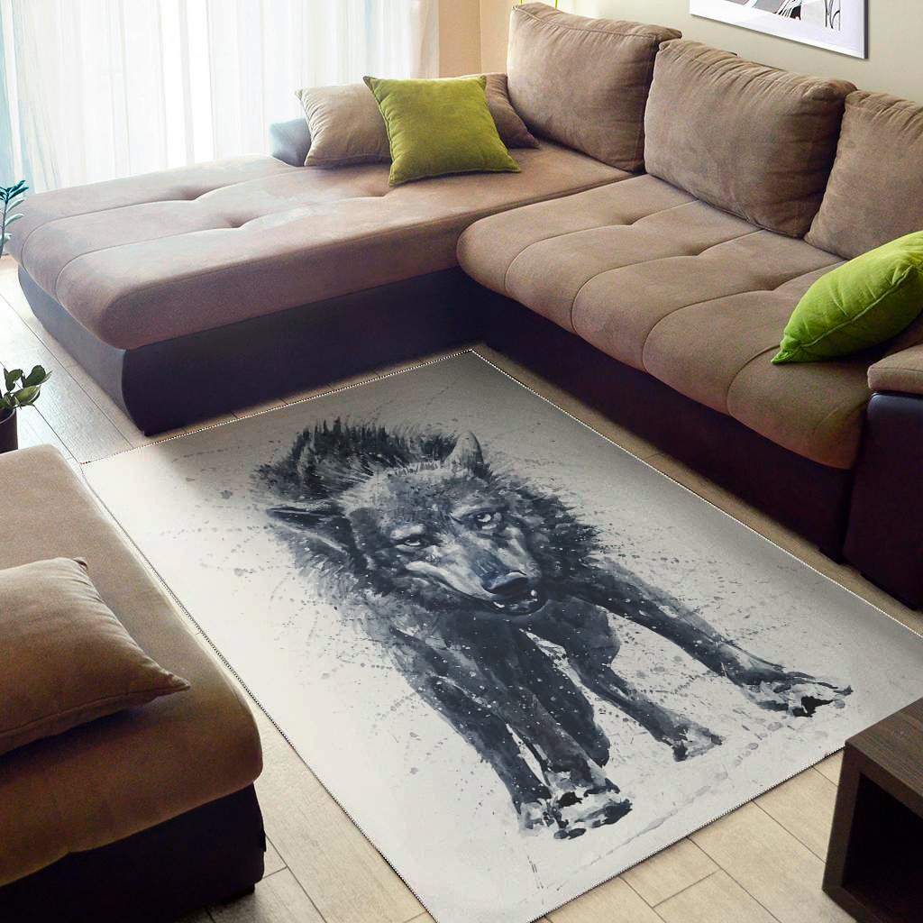 Watercolor Wolf Portrait Print Area Rug Floor Decor