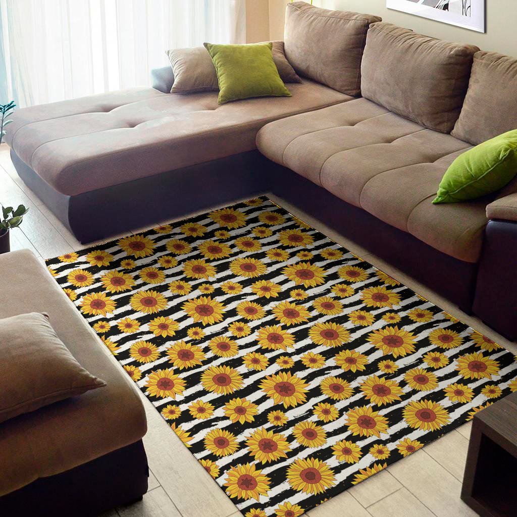 White And Black Stripe Sunflower Print Area Rug Floor Decor