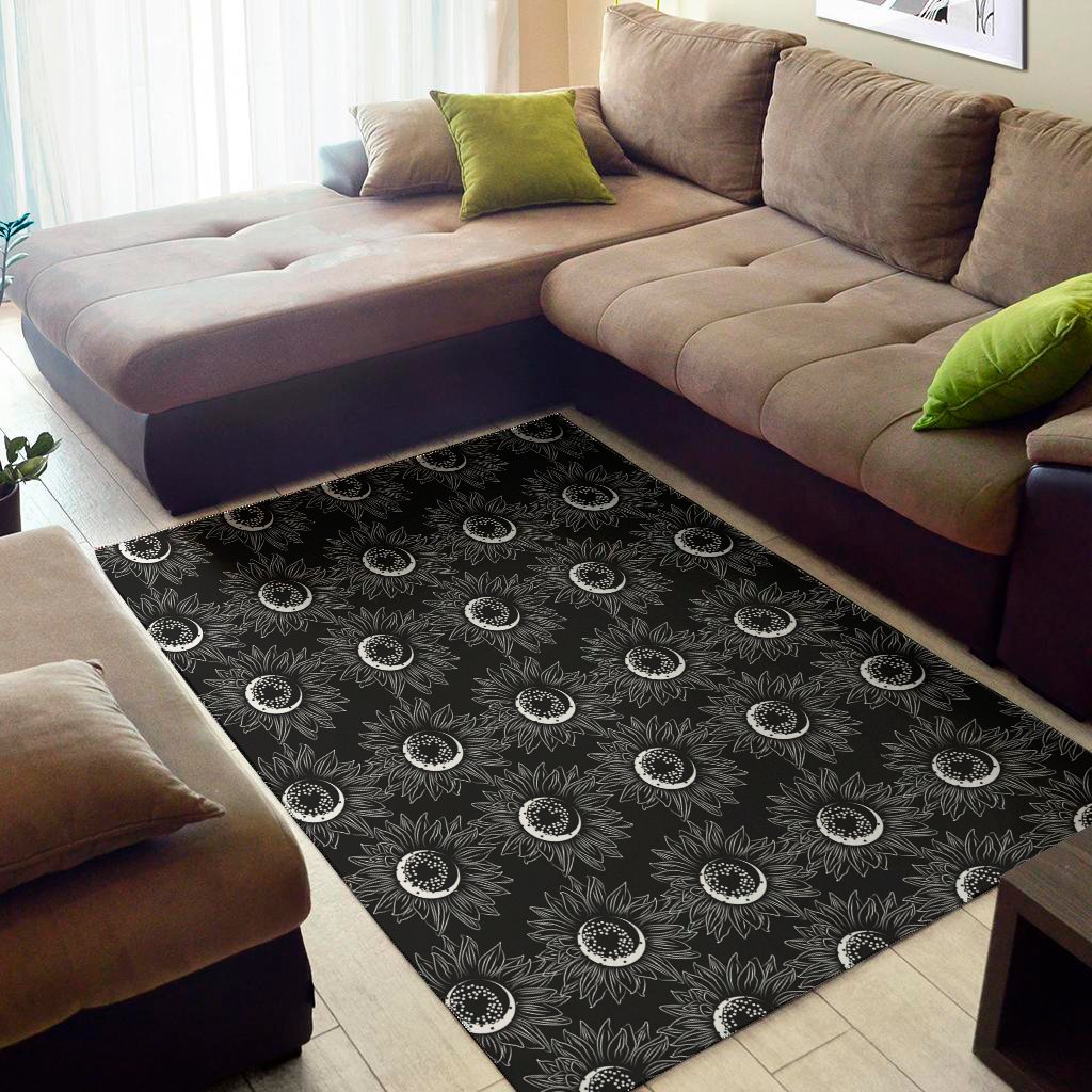 White And Black Sunflower Pattern Print Area Rug Floor Decor