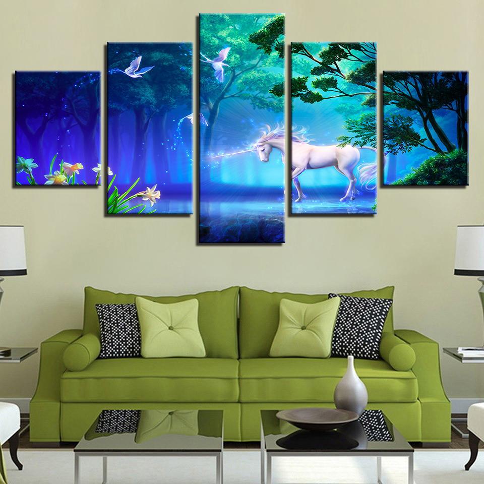 White Horse Animals Dream Forest Unicorn - Abstract Animal 5 Panel Canvas Art Wall Decor