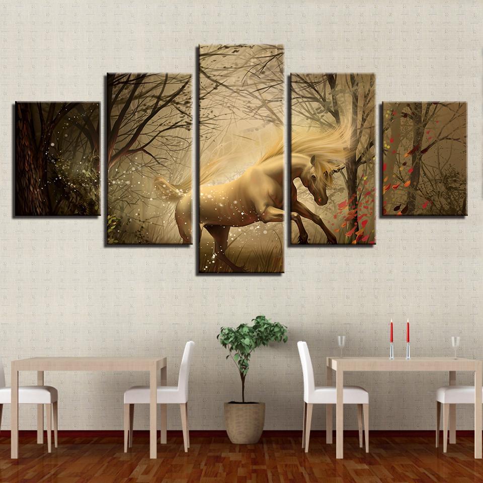 White Horse Psychedelic Forest Unicorn - Abstract Animal 5 Panel Canvas Art Wall Decor