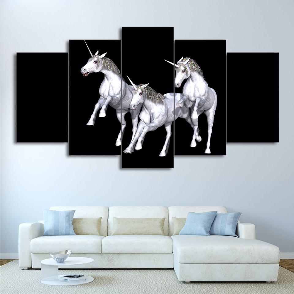 White Horses 3 - Abstract Animal 5 Panel Canvas Art Wall Decor