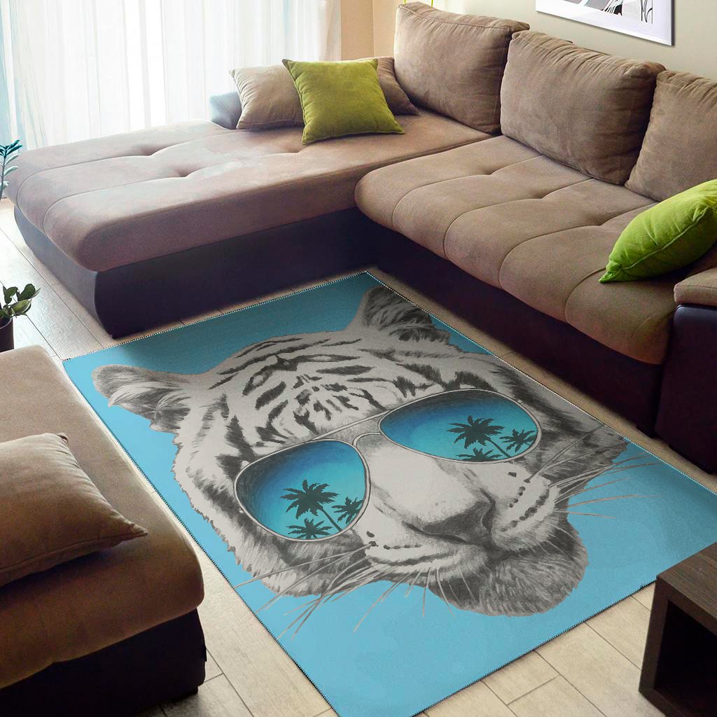 White Tiger With Sunglasses Print Area Rug Floor Decor