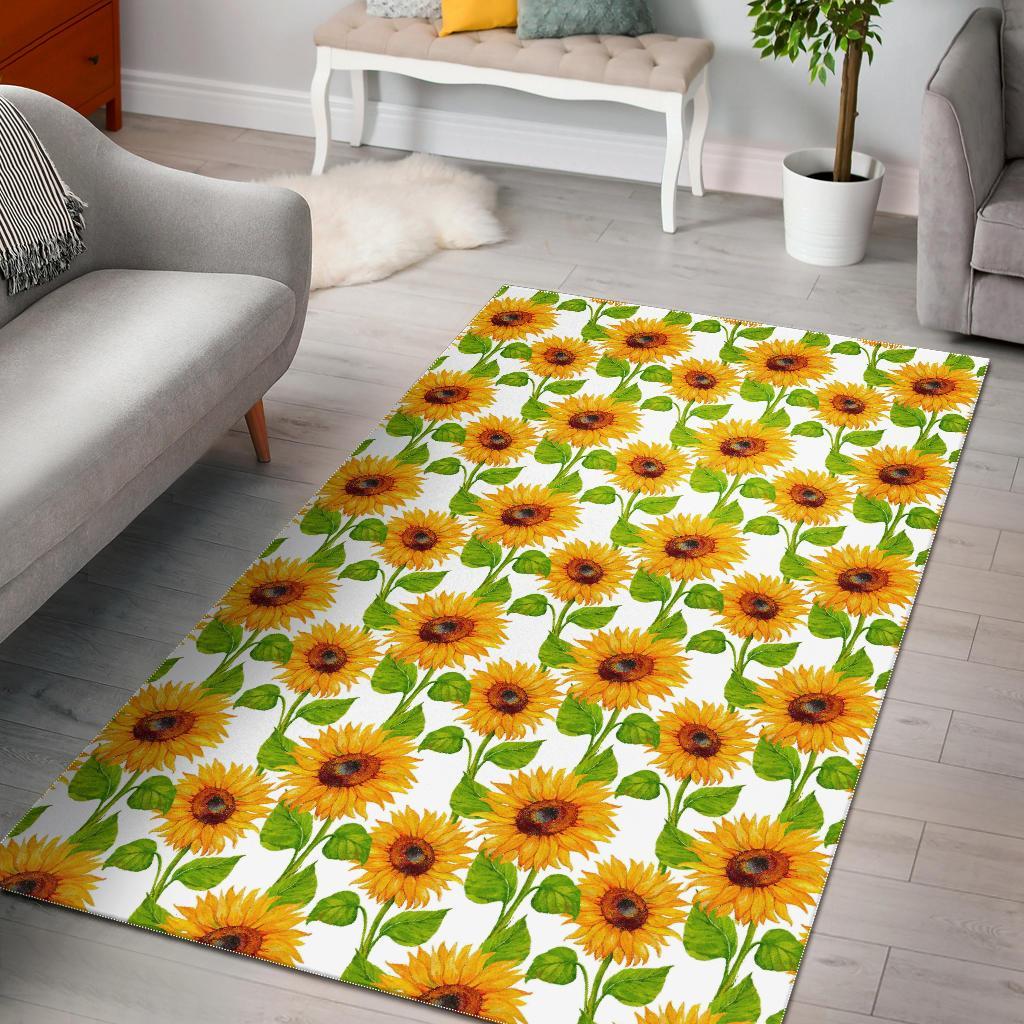White Watercolor Sunflower Pattern Print Area Rug Floor Decor