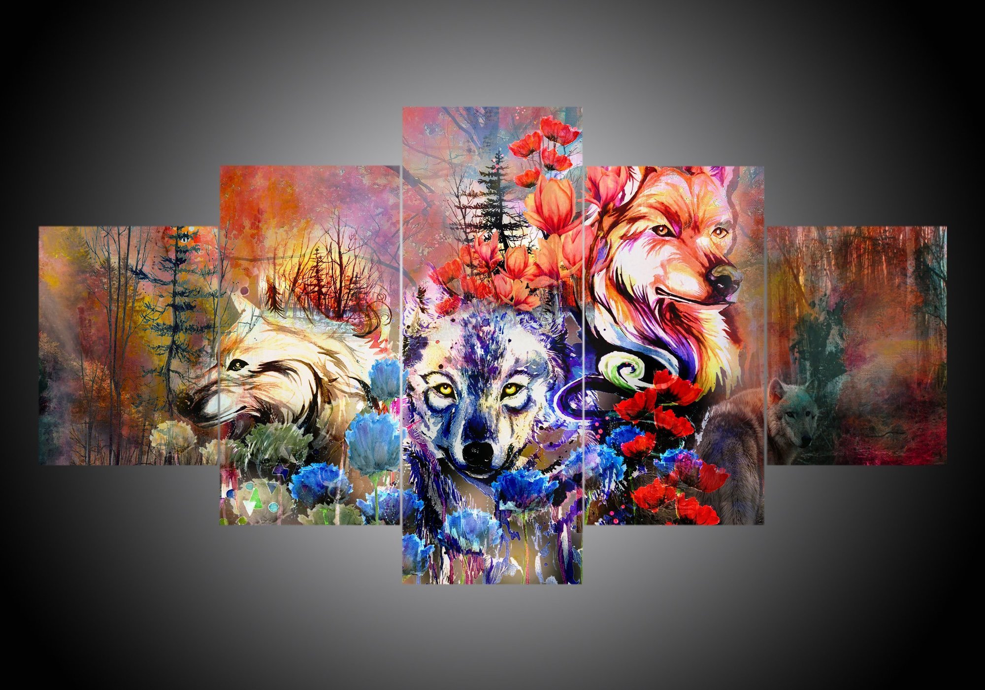 Wolf 3 - Abstract Animal 5 Panel Canvas Art Wall Decor