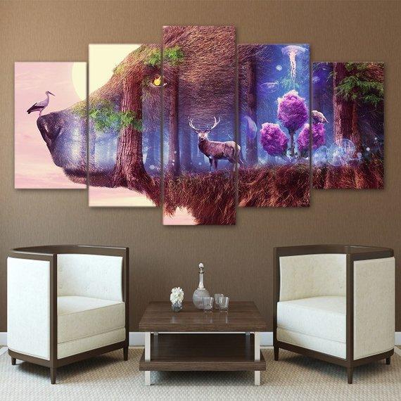Wolf Deer Forest Forest Animals - Abstract Animal 5 Panel Canvas Art Wall Decor