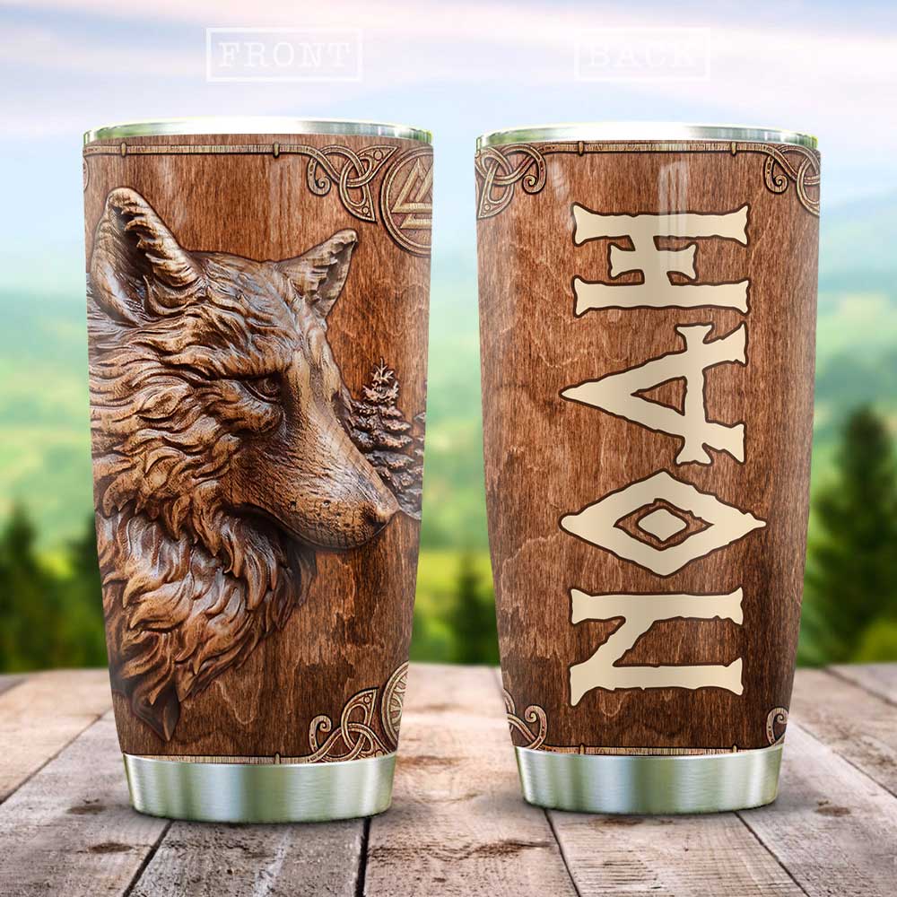 Wooden Style Wolf Vikings Personalized Stainless Steel Tumbler