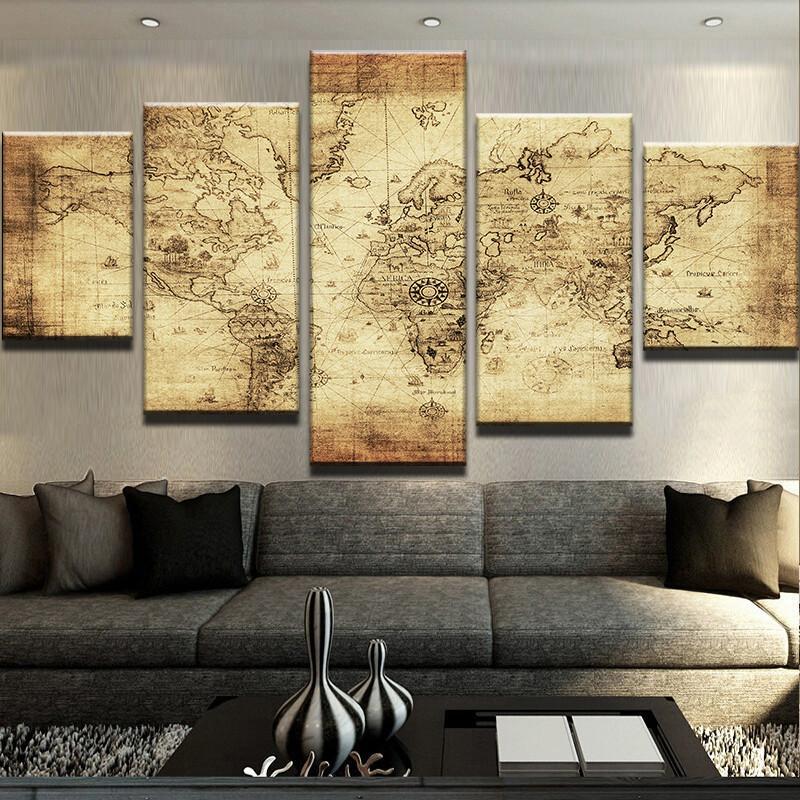 World Map 04 - Abstract 5 Panel Canvas Art Wall Decor