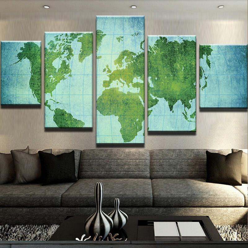 World Map 12 - Abstract 5 Panel Canvas Art Wall Decor