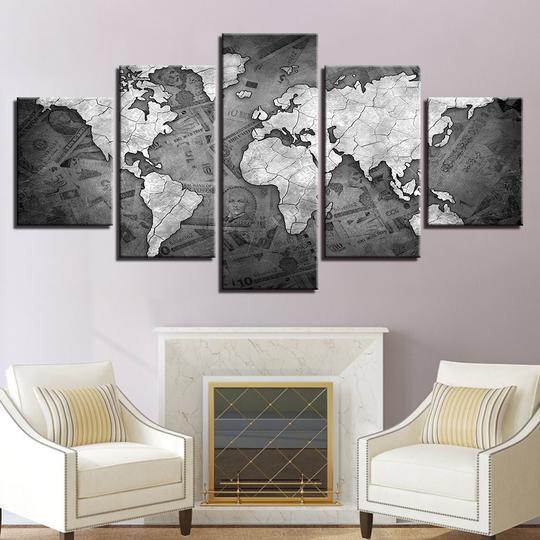 World Map And Currency - Abstract 5 Panel Canvas Art Wall Decor