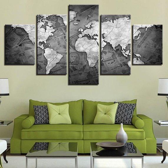 World Map Currency Money - Abstract 5 Panel Canvas Art Wall Decor