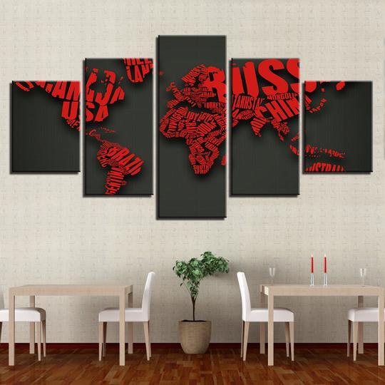 World Map Of Country Names - Abstract 5 Panel Canvas Art Wall Decor