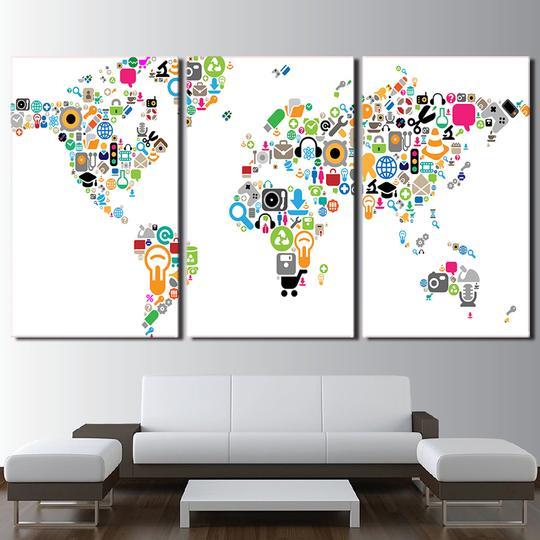 World Map Of Icons - Abstract 5 Panel Canvas Art Wall Decor