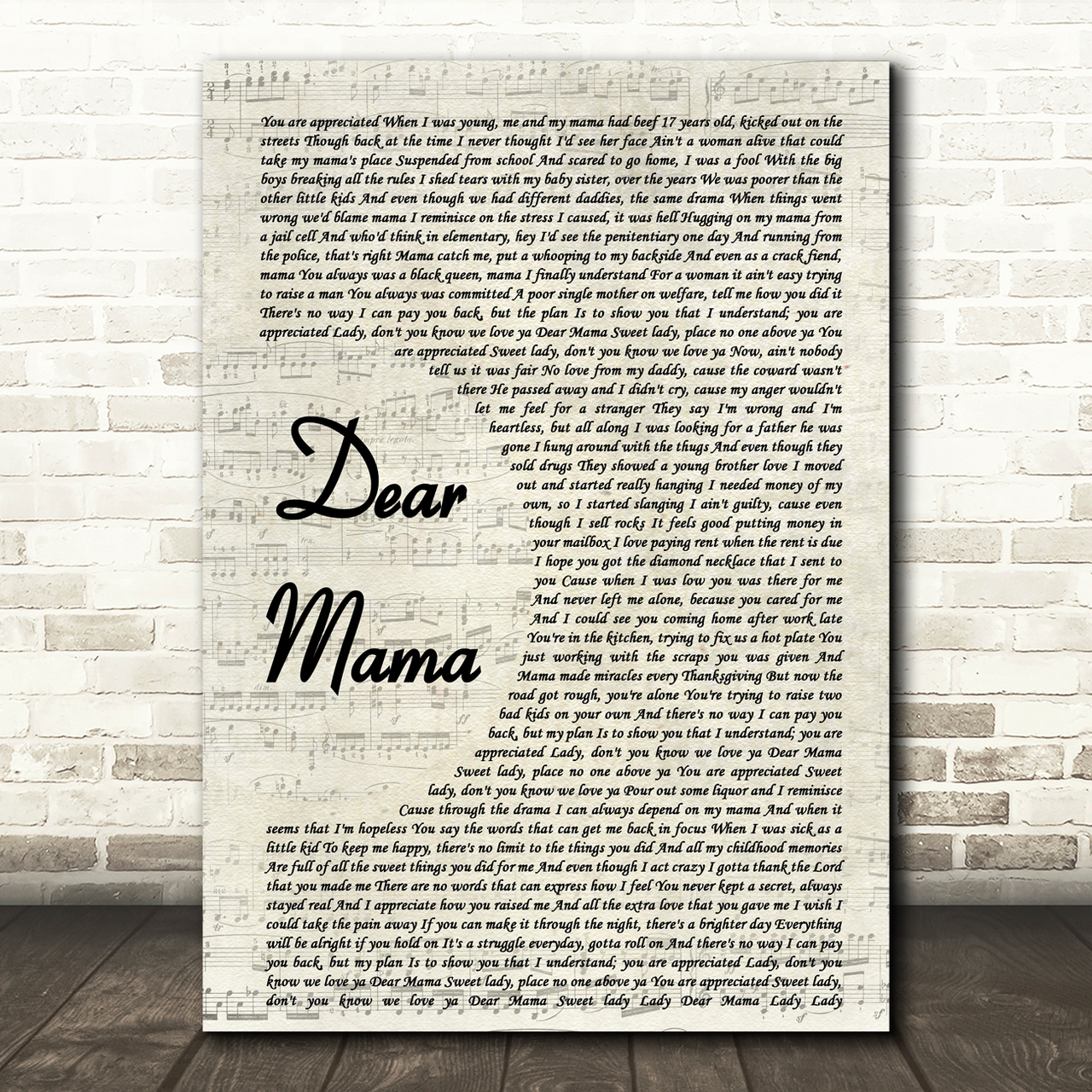 2Pac Dear Mama Song Lyric Vintage Script Print