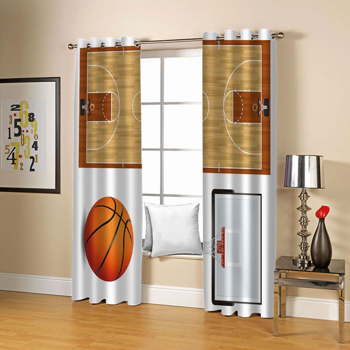 3d Basketball And Court Printed Window Curtain Home Decor