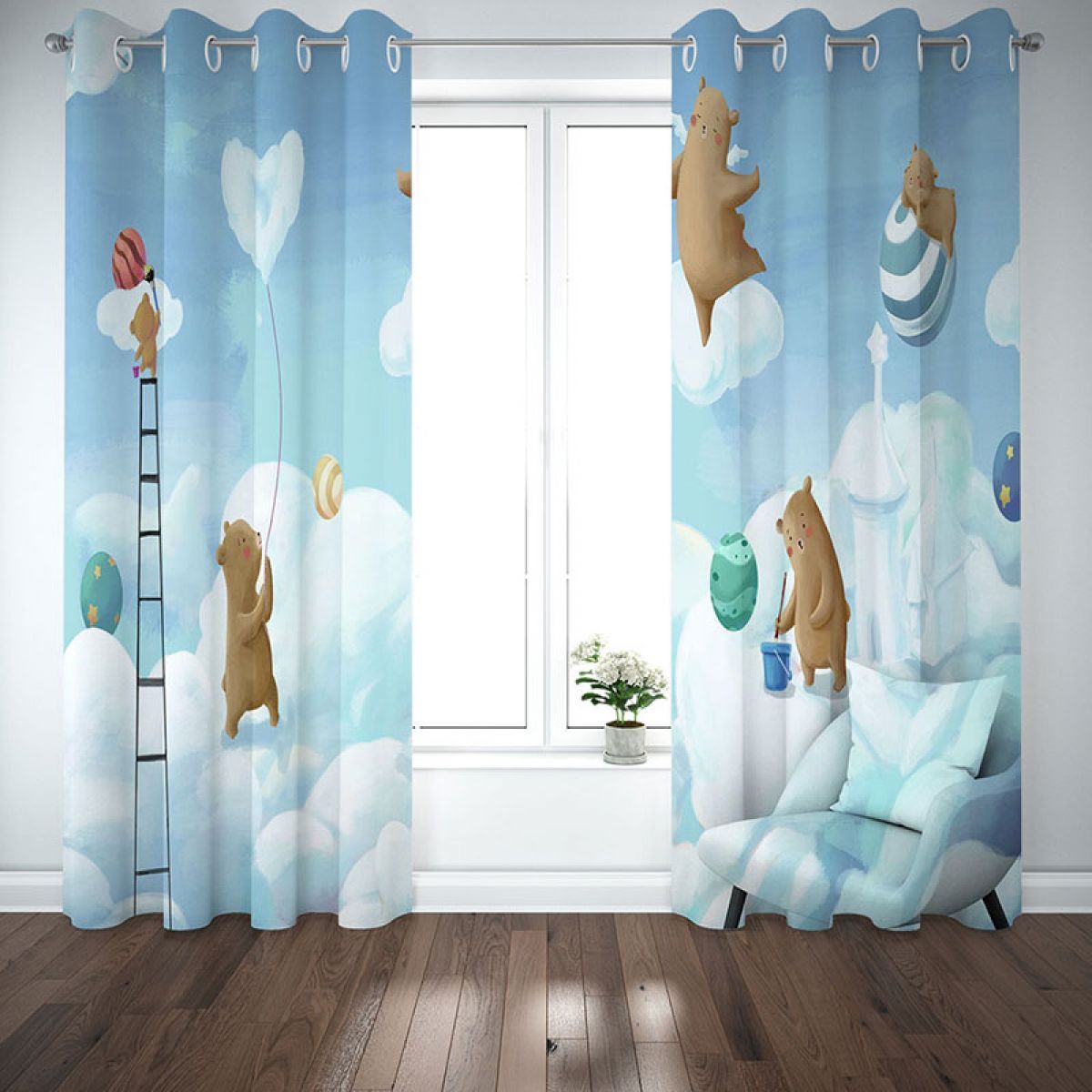 3d Bear On The Clouds Printed Window Curtain Home Decor