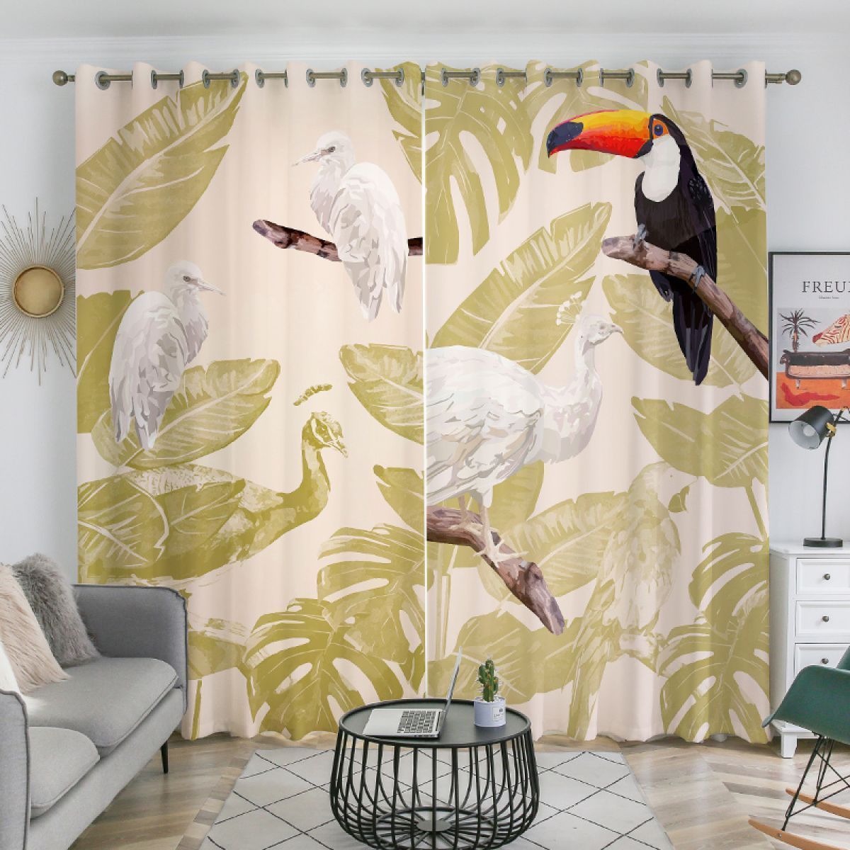 3d Birds And Leaves Printed Window Curtain Home Decor