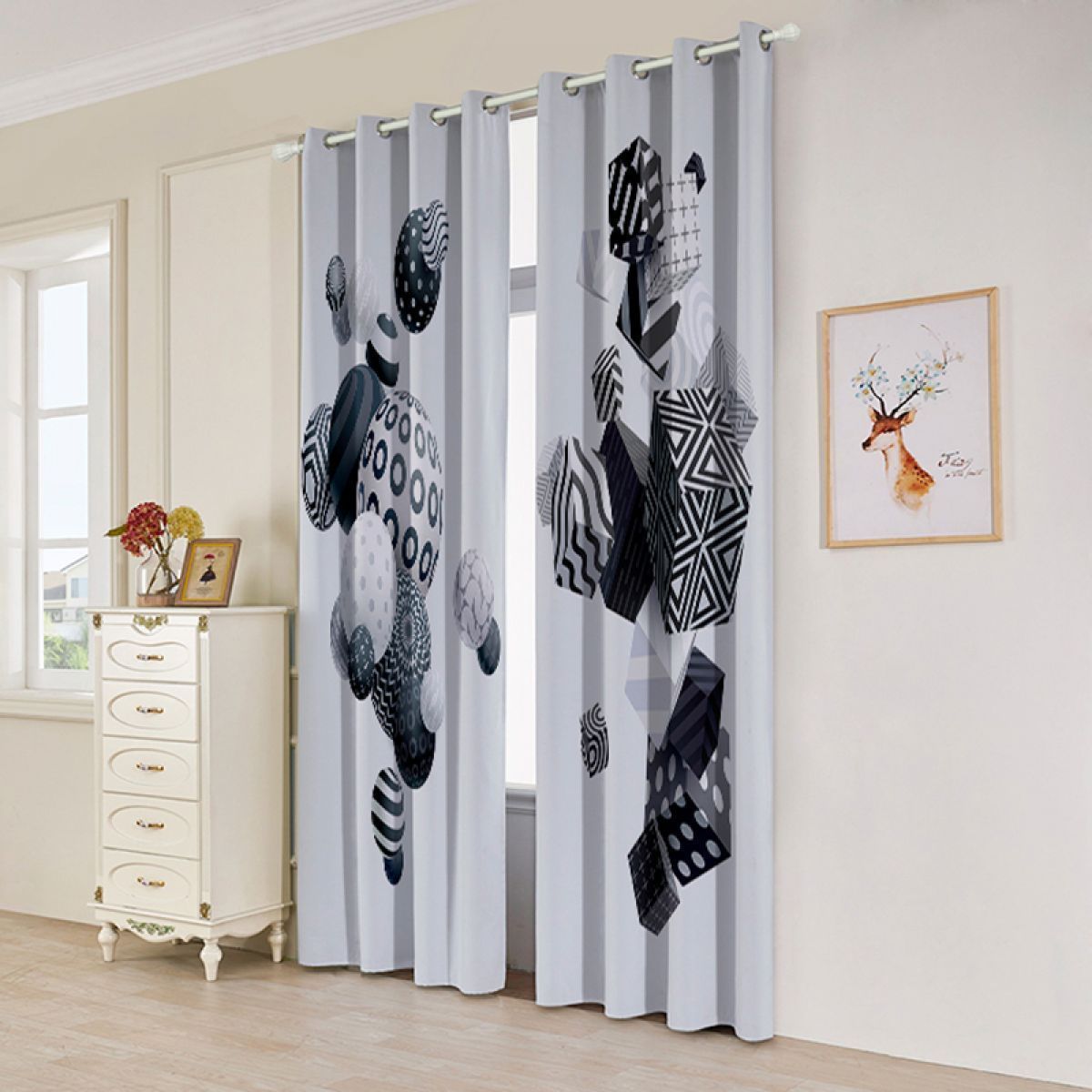 3d Black Geometry In White Printed Window Curtain Home Decor